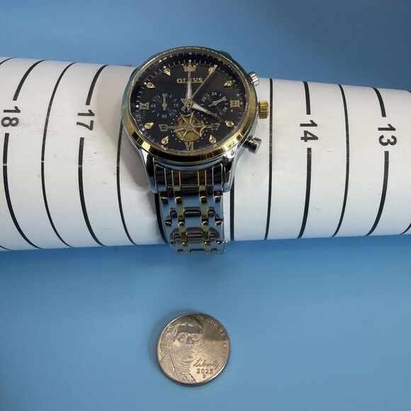 OLEVS Mens Watch Chronograph 35mm Black Face And Silver And Gold Band main image 4